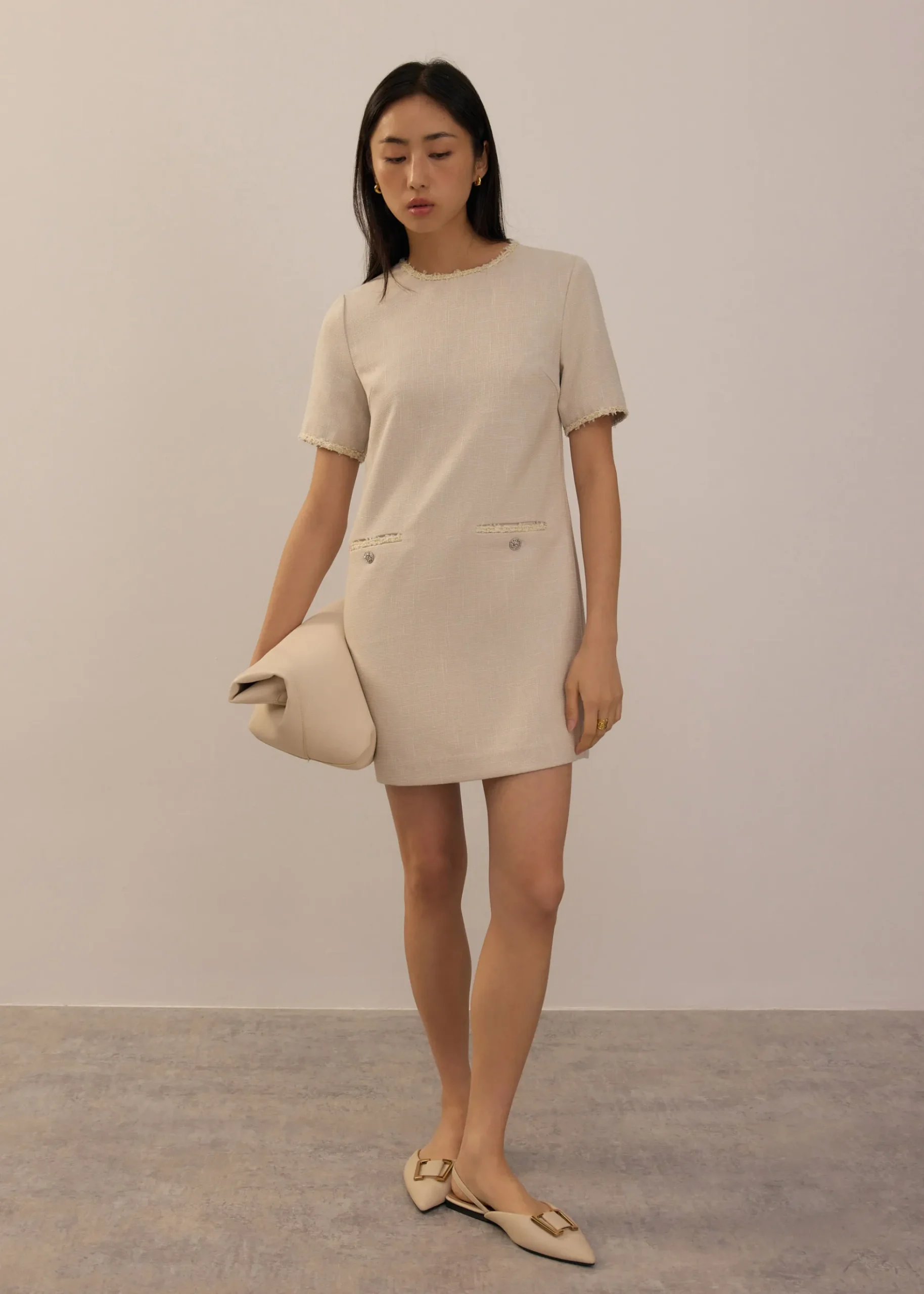 Tweed Round Neck Shift Mini Dress