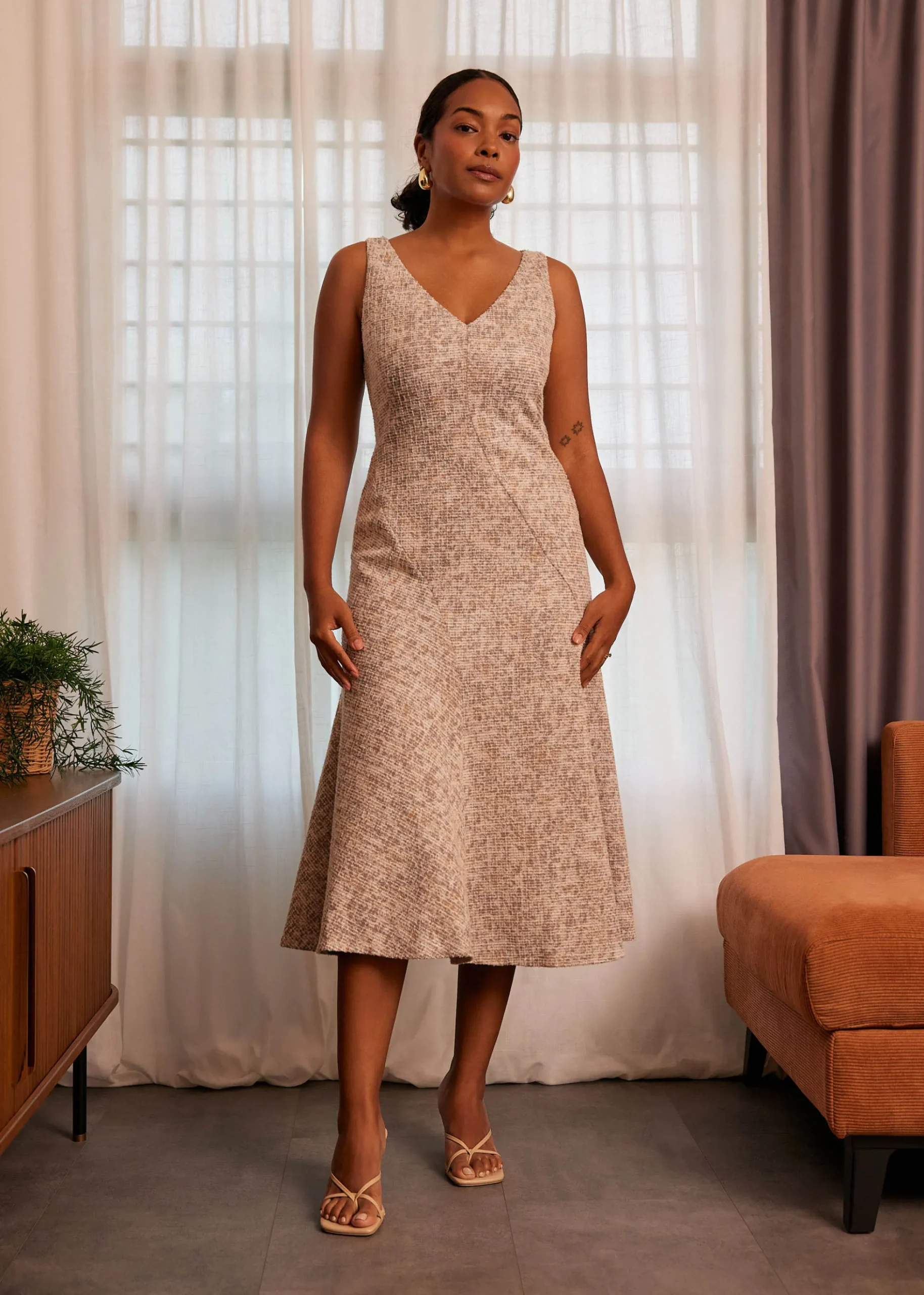 Tweed V-neck Fit & Flare Midi Dress
