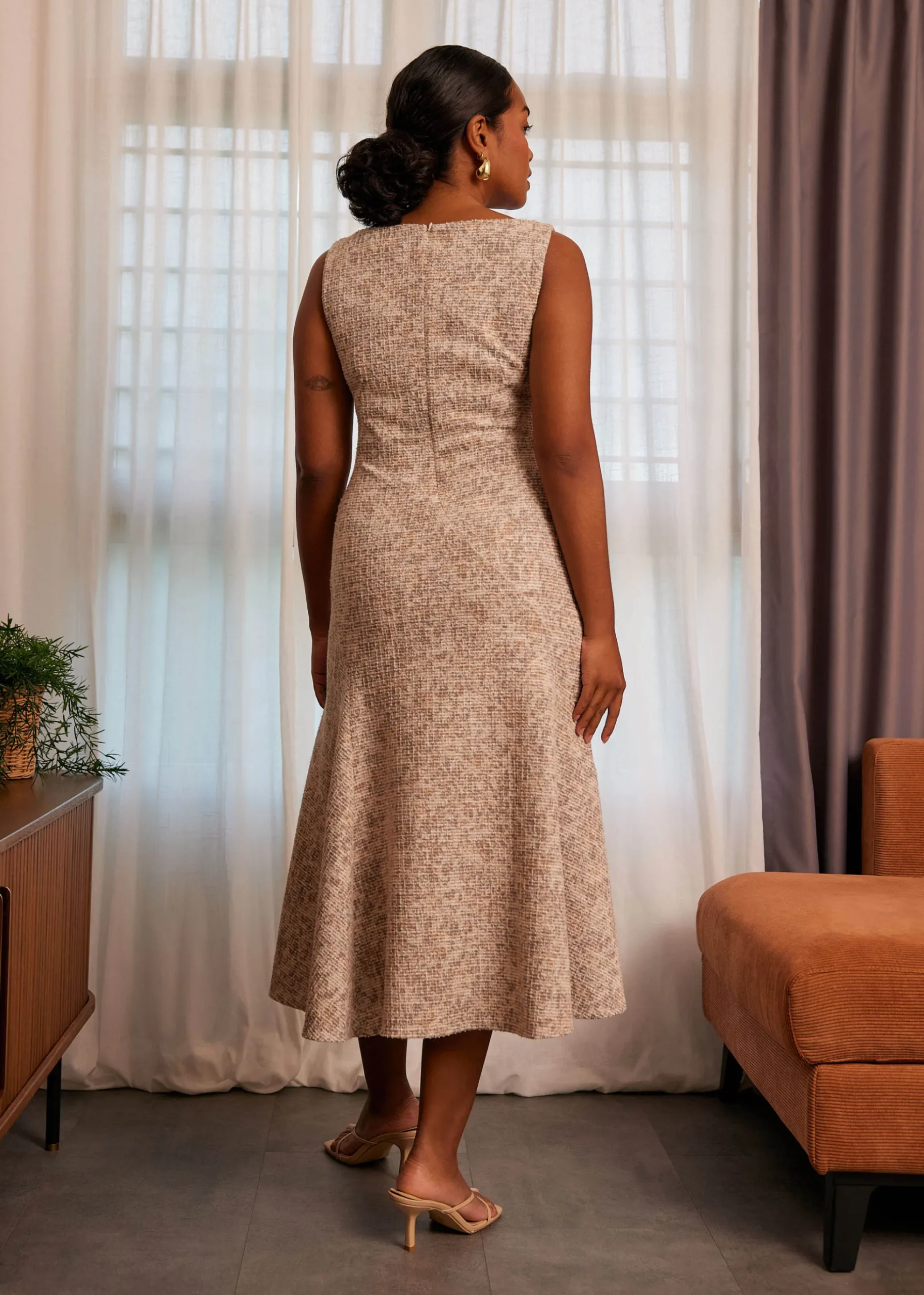 Tweed V-neck Fit & Flare Midi Dress