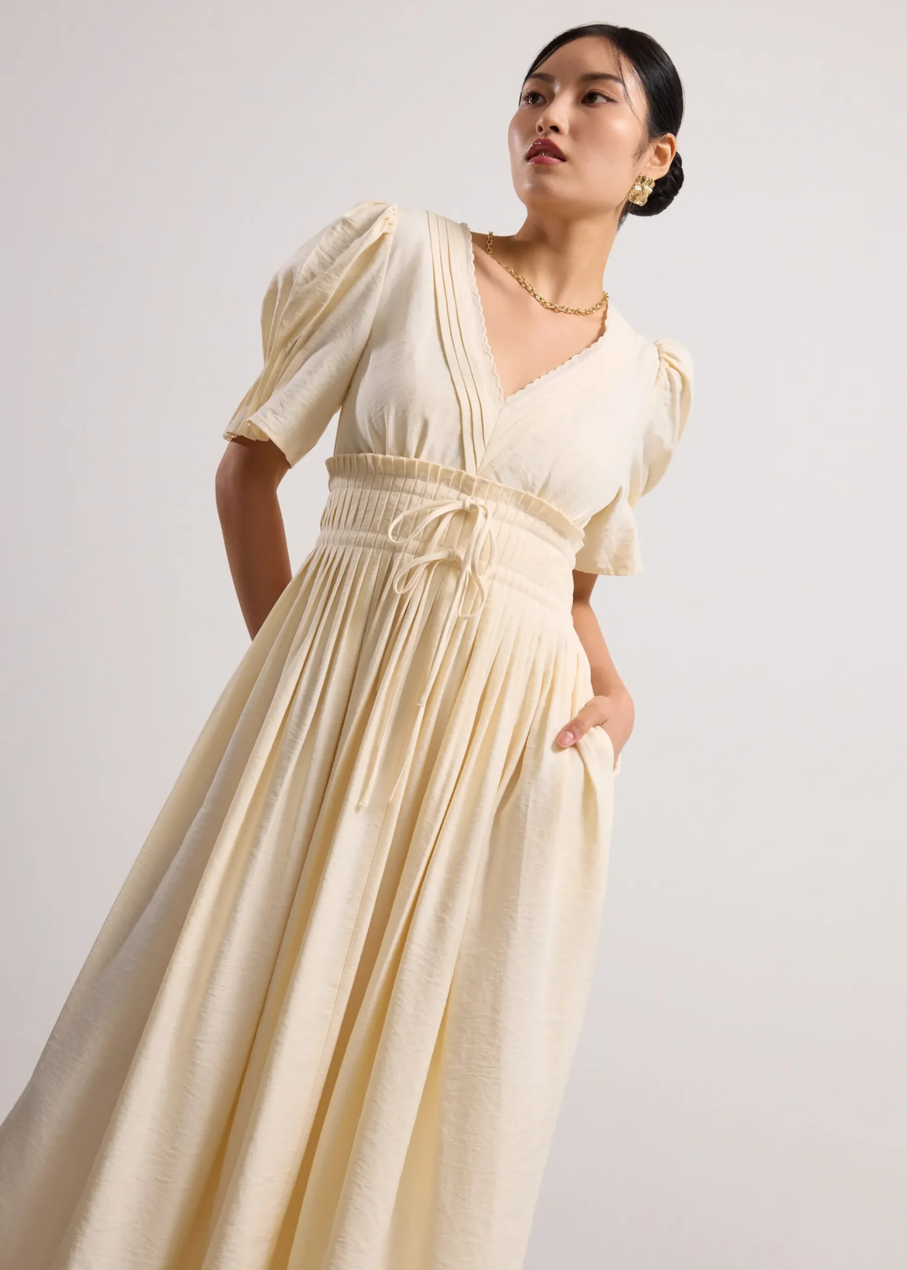 V-Neck Puff Sleeve Fit & Flare Midaxi Dress