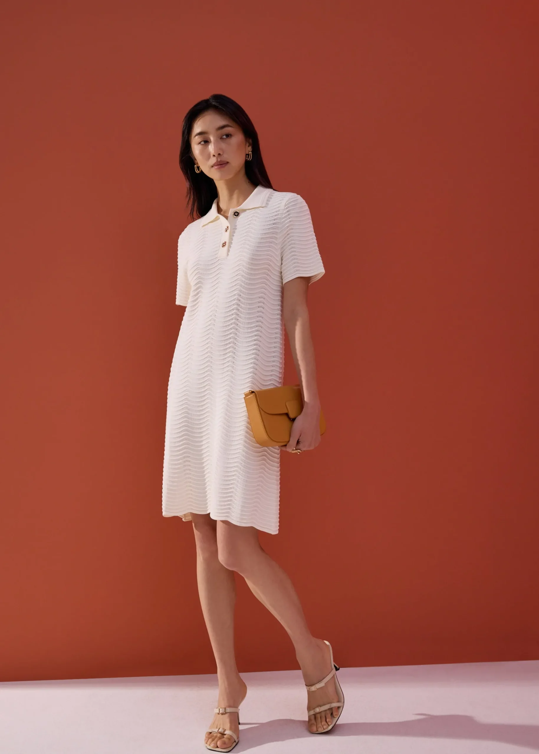 Wavy Knit Collared A-Line Mini Dress
