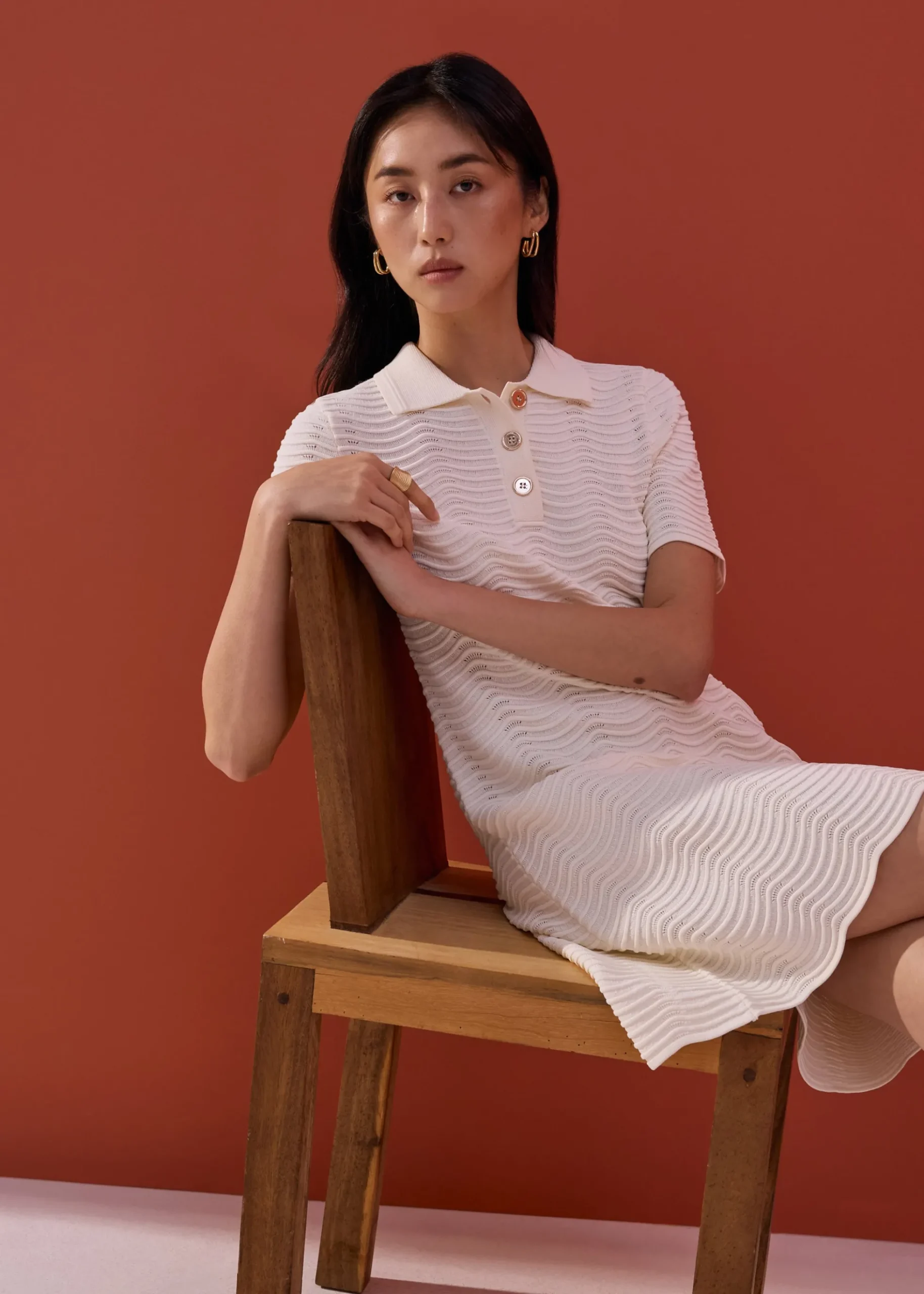 Wavy Knit Collared A-Line Mini Dress