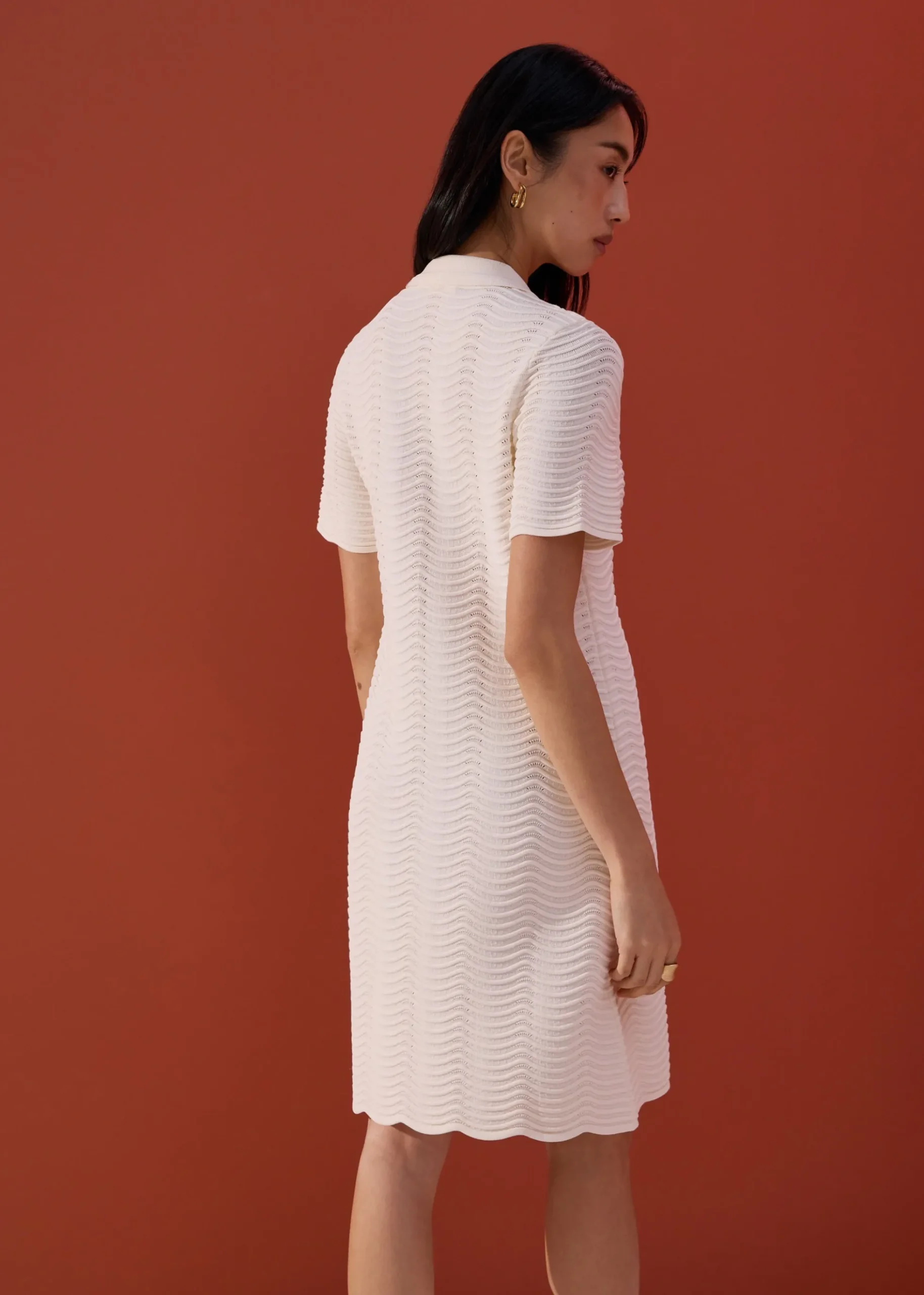 Wavy Knit Collared A-Line Mini Dress