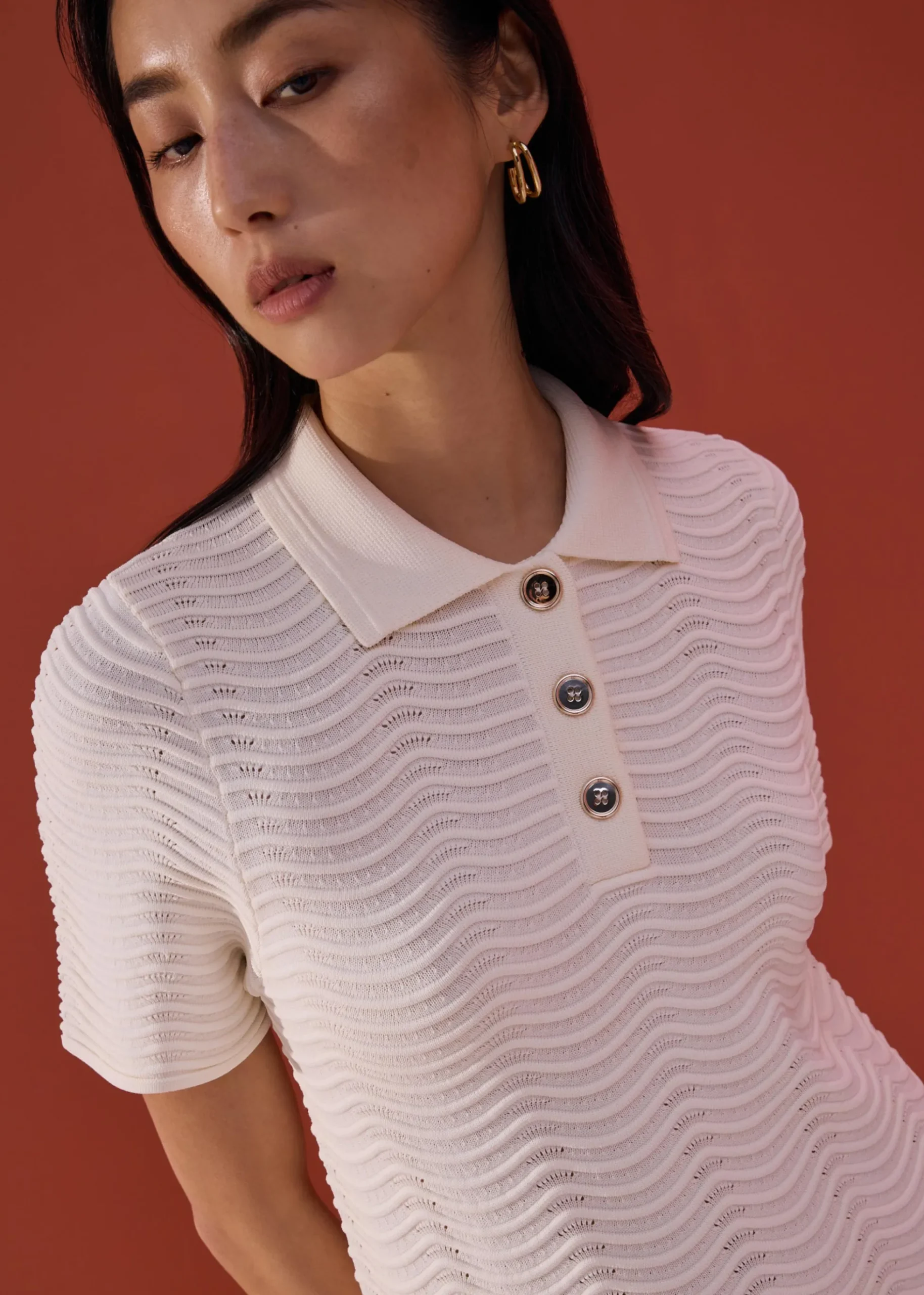 Wavy Knit Collared A-Line Mini Dress