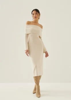 Yassi Off Shoulder Column Midi Dress
