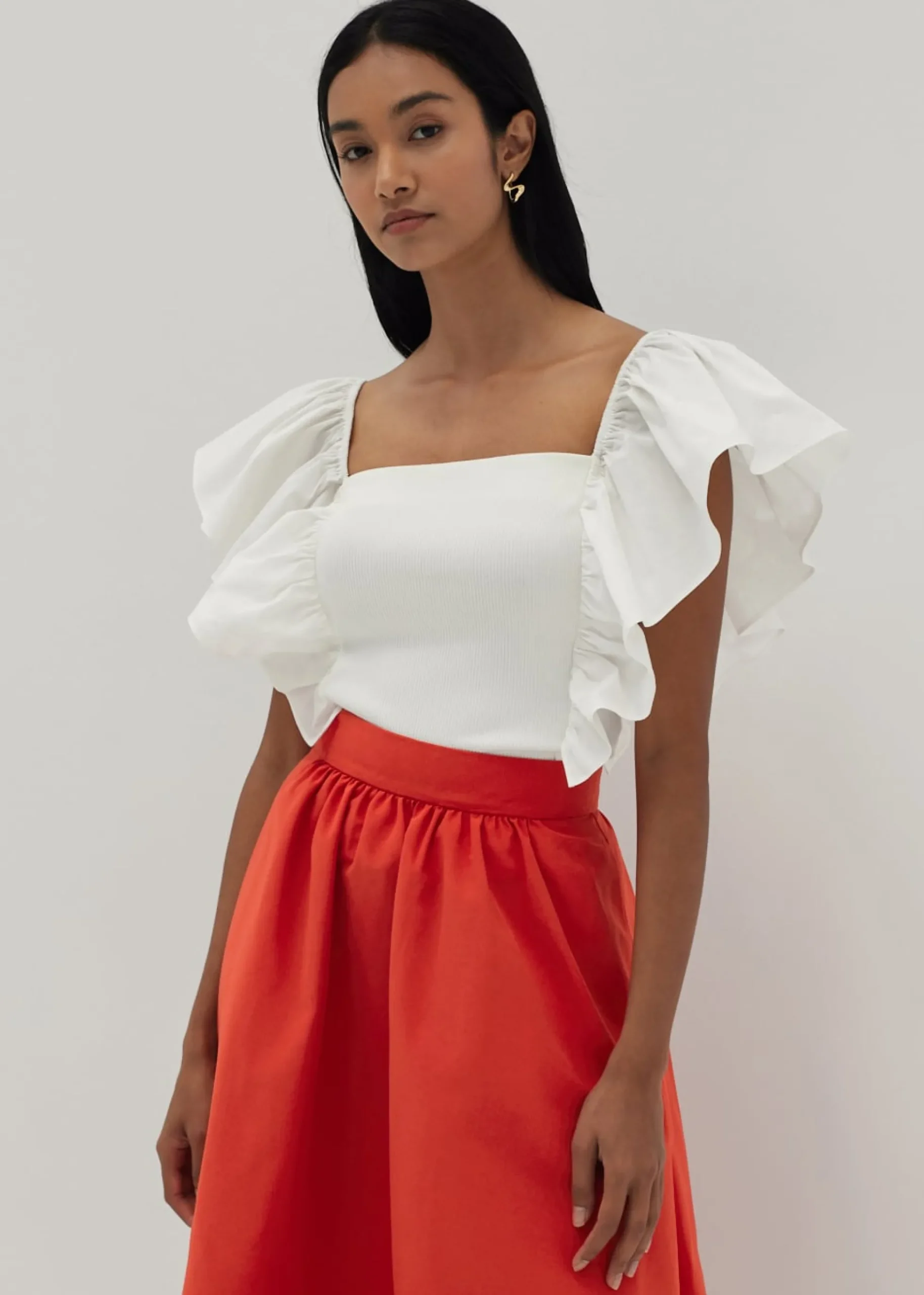 Zariyah Mixed Fabric Ruffle Top