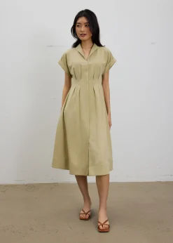 Zhu Belted V-neck Fit and Flare Midi Dress